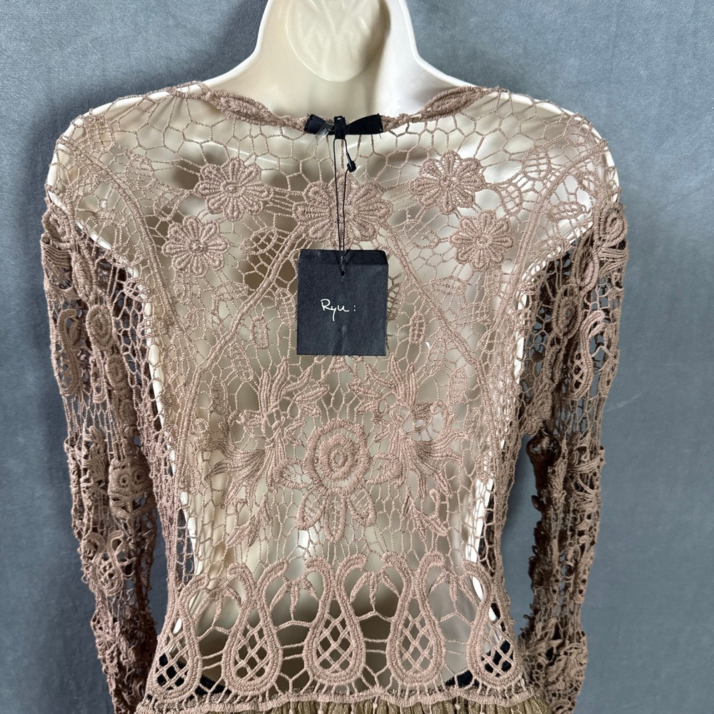 Ryu Crochet Lace Tiered Dress Cardigan Brown S/M NWT Y2K Fairycore Boho Festiva - Picture 11 of 16
